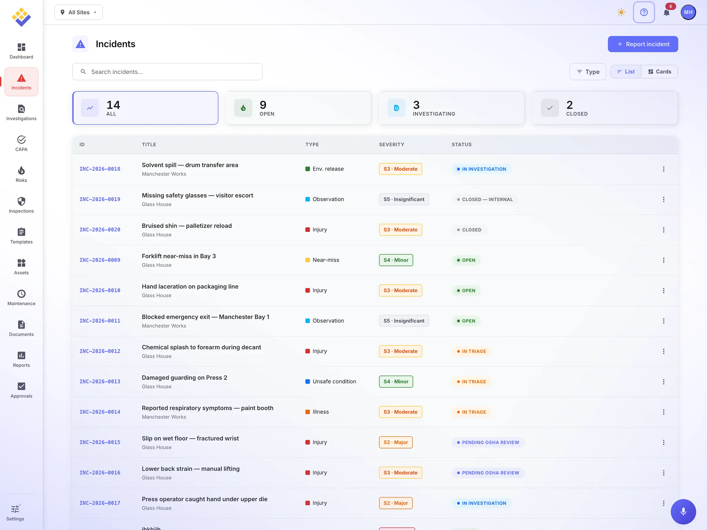 SDS Manager incident management dashboard with incident list and trends