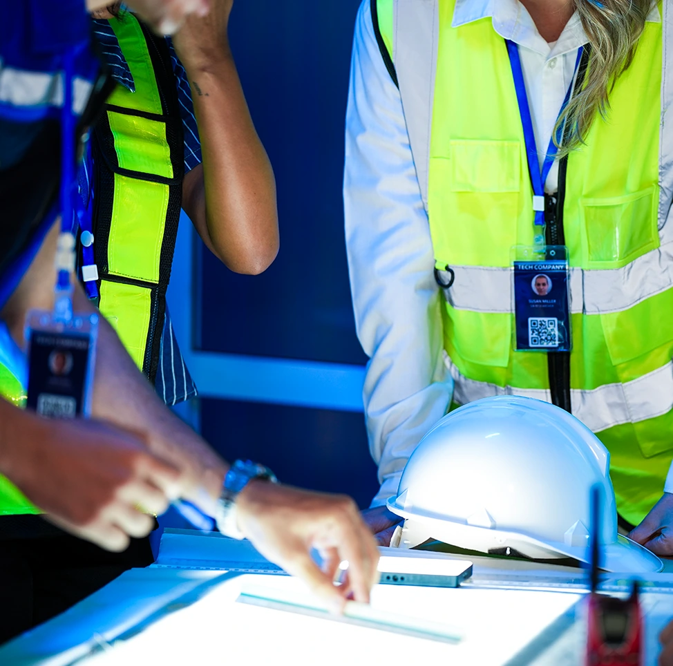 Industrial workers in PPE reviewing a tablet on the plant floor