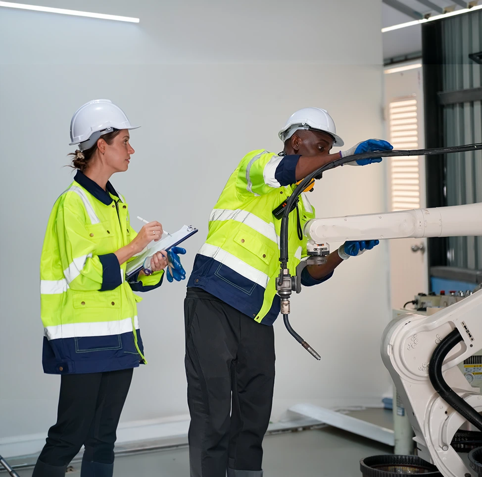Inspector with clipboard reviewing equipment in a facility