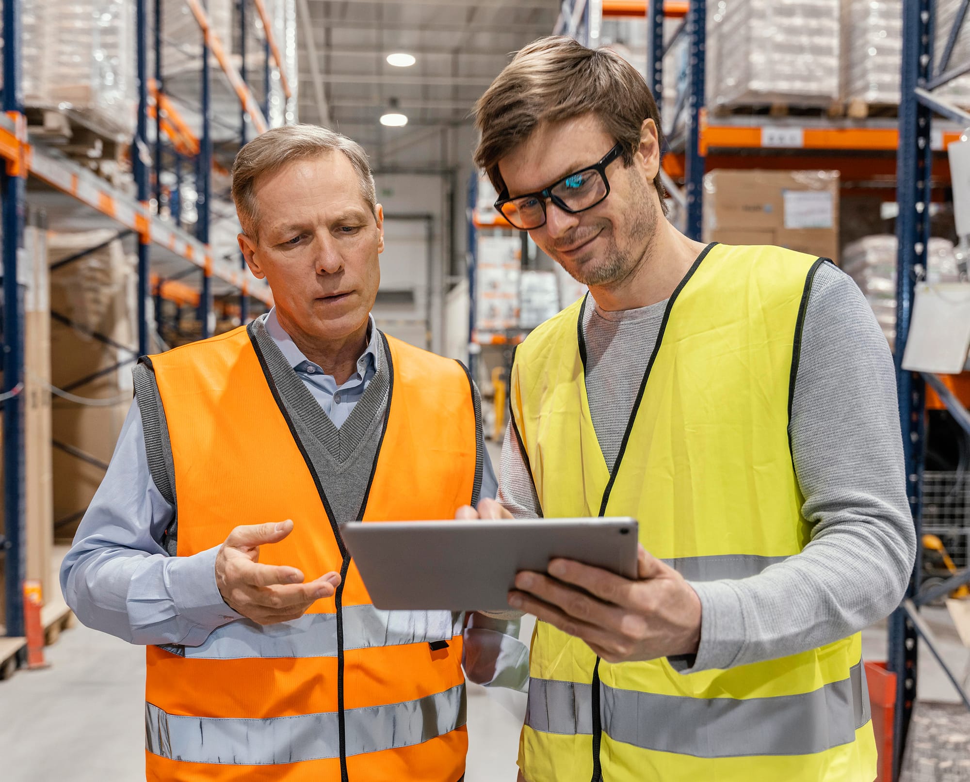Two workers reviewing a risk assessment on a tablet in a warehouse